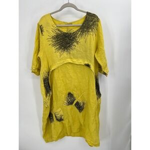 Klasiks Lagenlook Boho Yellow Linen Abstract Scribble Butterfly Shift Dress M